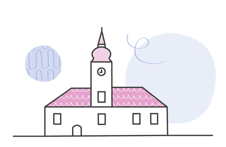 Eine Illustration des St. Pöltner Rathauses, das Wahrzeichen von Niederösterreich.